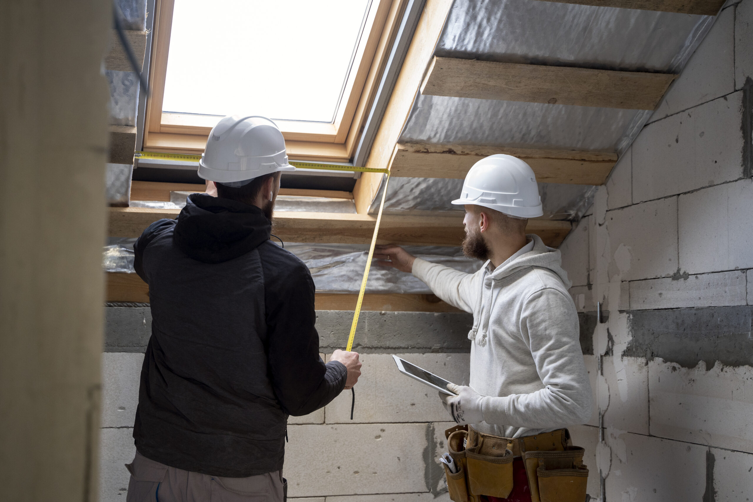 Bouwvakkers met veiligheidshelmen aan het werk