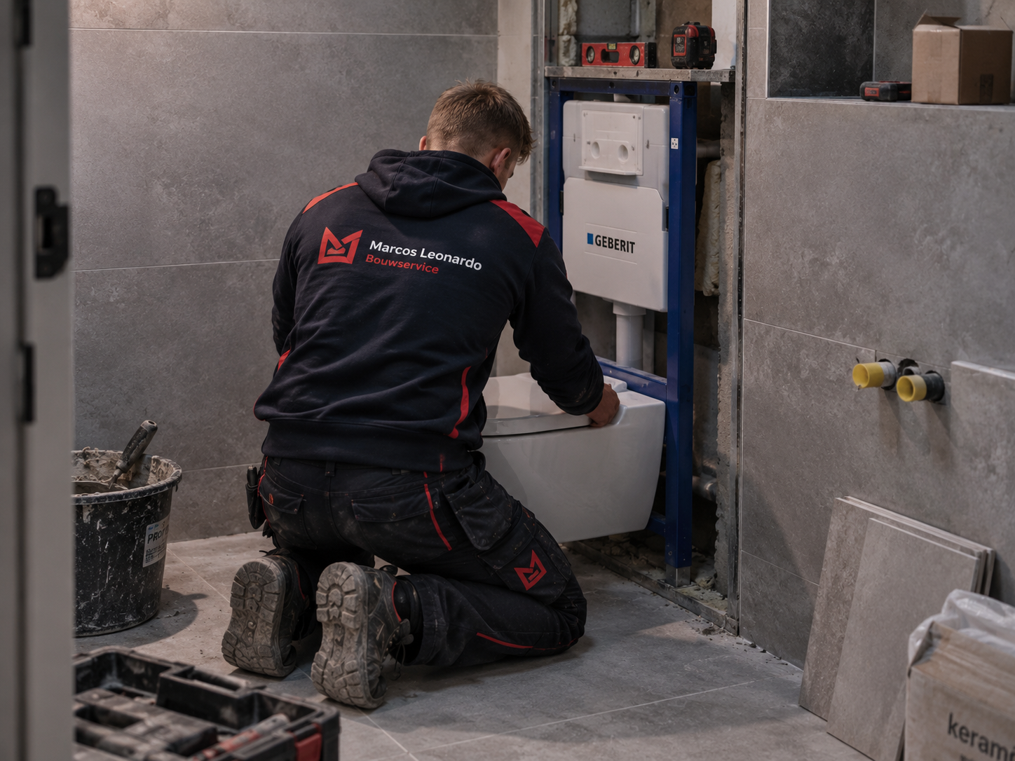 Hangend toilet wordt geplaatst